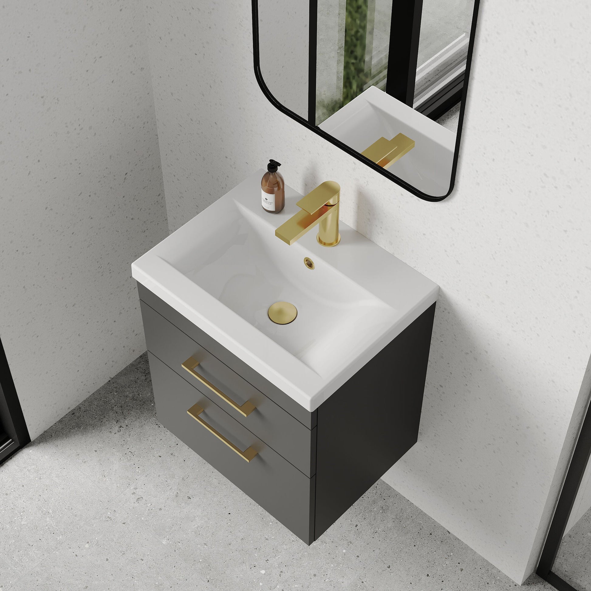 [BFRI074A68] Rio 2 Drawer Wall Hung Vanity Basin Unit - 500mm - Gloss Grey with Brushed Brass D-shaped handles (Tap Not Included) - Lifestyle 2