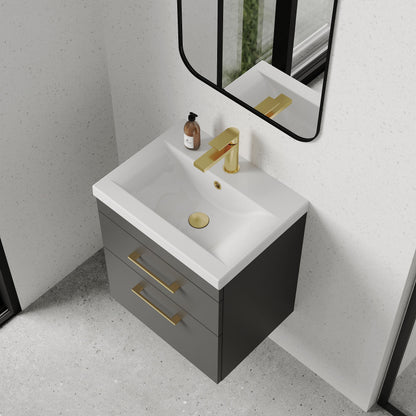 [BFRI074A68] Rio 2 Drawer Wall Hung Vanity Basin Unit - 500mm - Gloss Grey with Brushed Brass D-shaped handles (Tap Not Included) - Lifestyle 2