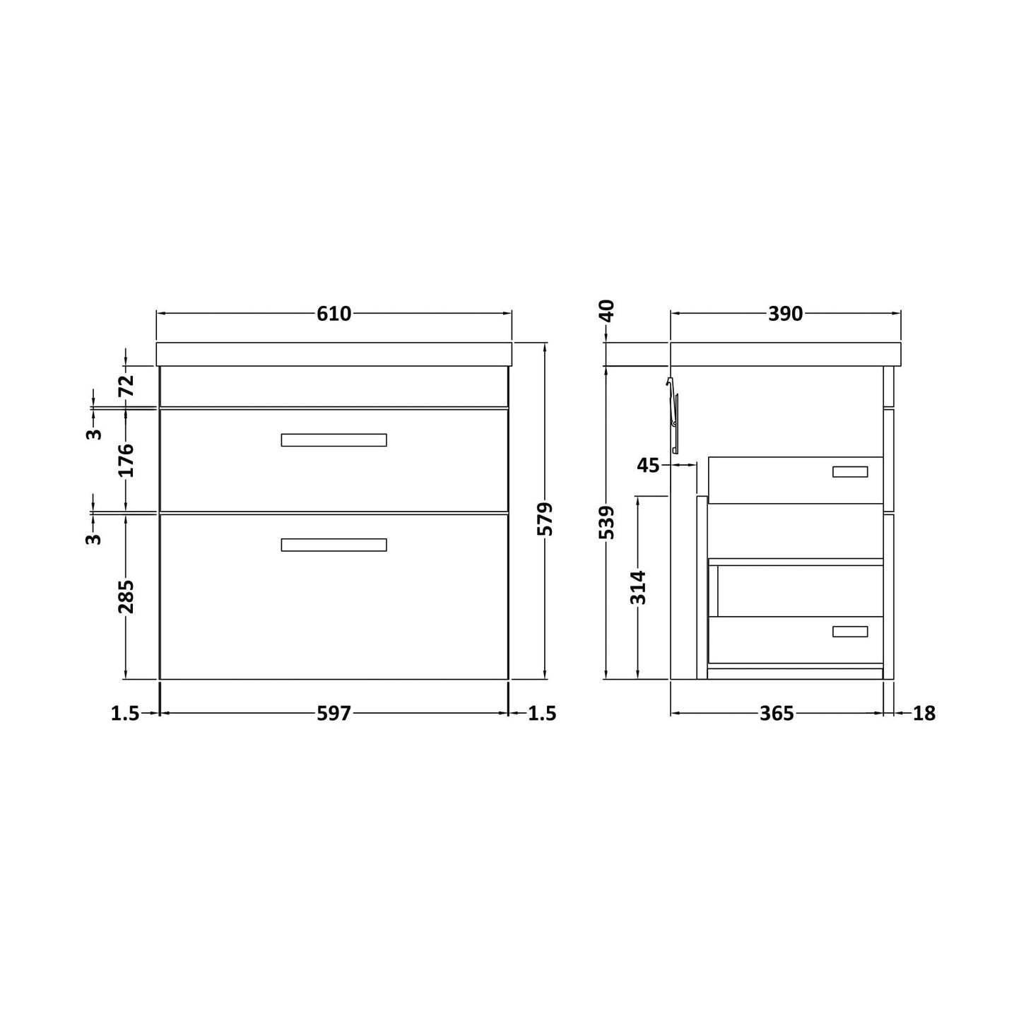 [BFRI074A69] Rio 2 Drawer Wall Hung Vanity Basin Unit - 500mm - Gloss Grey with Square Black D-shaped handles (Tap Not Included) - Balterley - Technical Drawing