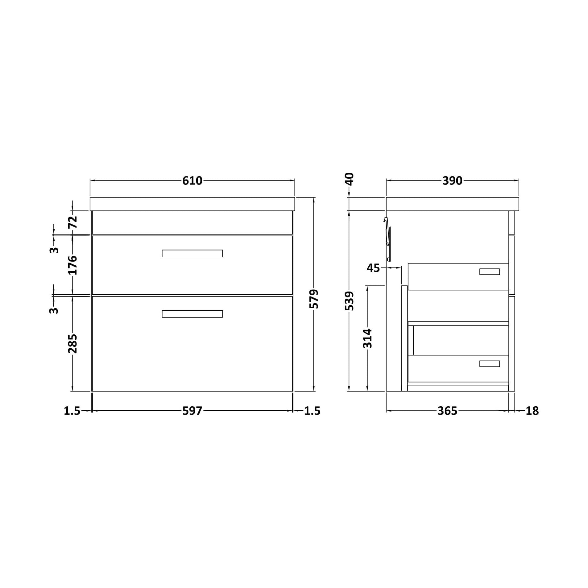 [BFRI074A69] Rio 2 Drawer Wall Hung Vanity Basin Unit - 500mm - Gloss Grey with Square Black D-shaped handles (Tap Not Included) - Balterley - Technical Drawing