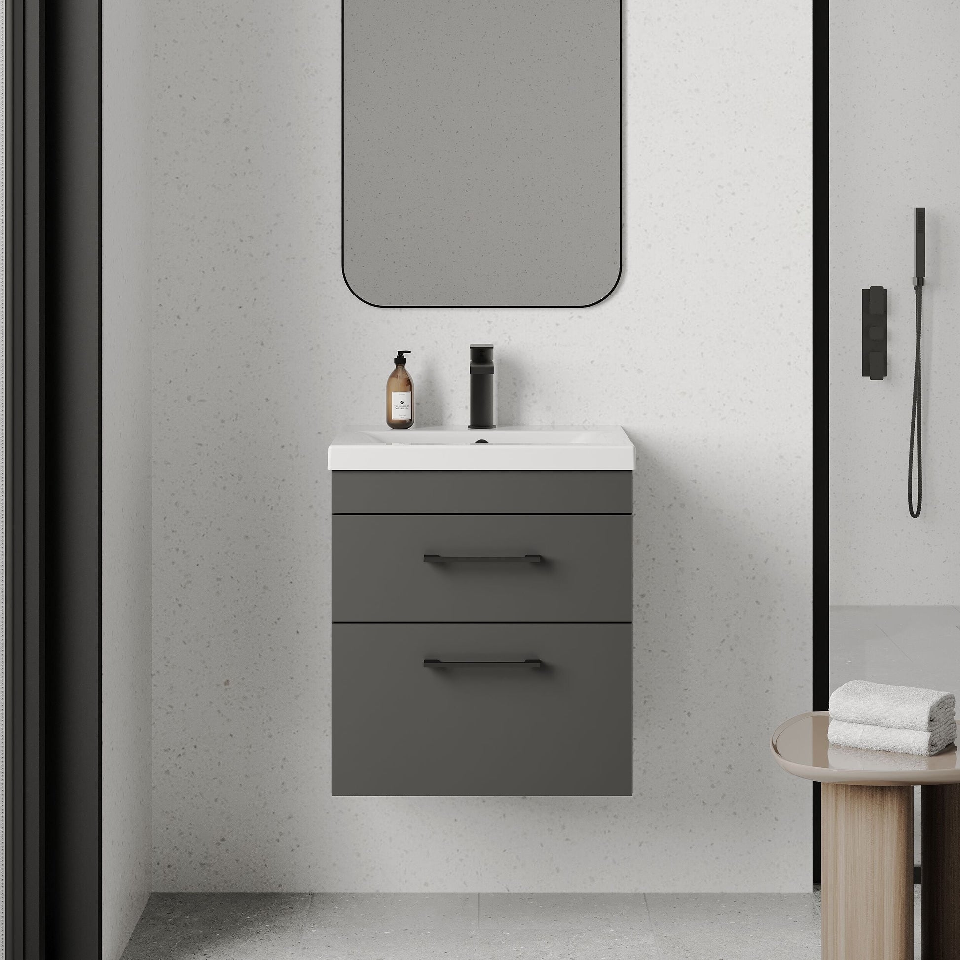 [BFRI074A69] Rio 2 Drawer Wall Hung Vanity Basin Unit - 500mm - Gloss Grey with Square Black D-shaped handles (Tap Not Included) - Balterley - Lifestyle 1