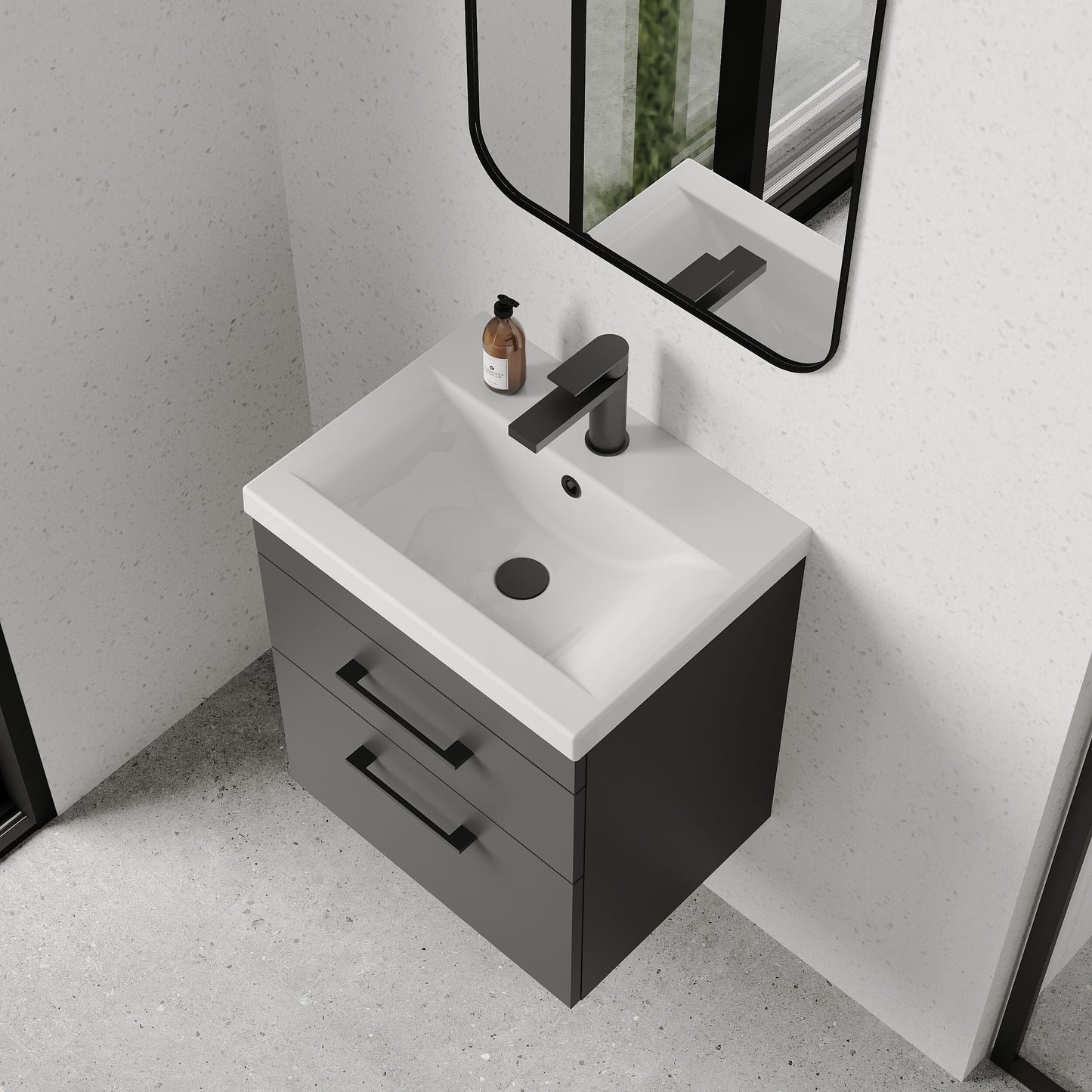 [BFRI074A69] Rio 2 Drawer Wall Hung Vanity Basin Unit - 500mm - Gloss Grey with Square Black D-shaped handles (Tap Not Included) - Balterley - Lifestyle 2