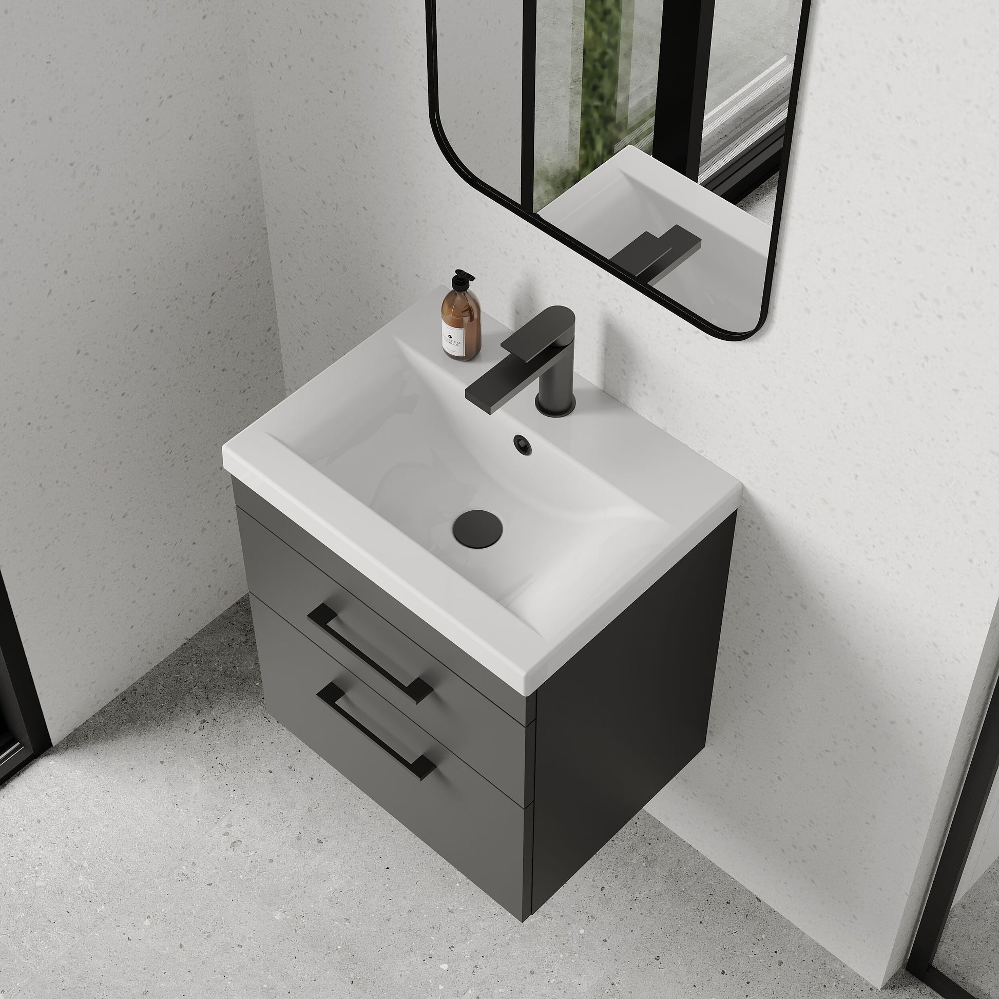 [BFRI074A69] Rio 2 Drawer Wall Hung Vanity Basin Unit - 500mm - Gloss Grey with Square Black D-shaped handles (Tap Not Included) - Balterley - Lifestyle 2