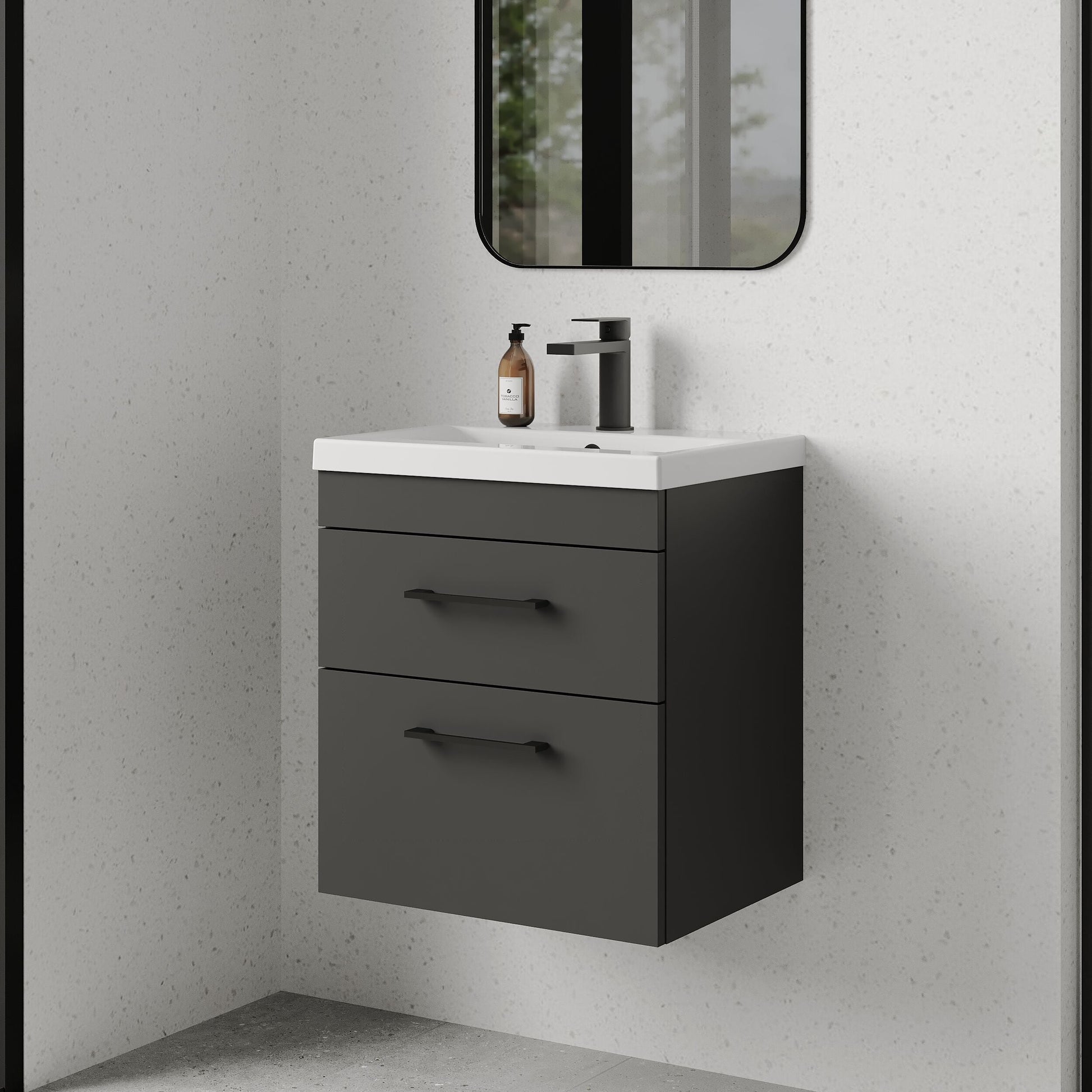 [BFRI074A69] Rio 2 Drawer Wall Hung Vanity Basin Unit - 500mm - Gloss Grey with Square Black D-shaped handles (Tap Not Included) - Balterley - Lifestyle 3