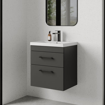 [BFRI074A69] Rio 2 Drawer Wall Hung Vanity Basin Unit - 500mm - Gloss Grey with Square Black D-shaped handles (Tap Not Included) - Balterley - Lifestyle 3