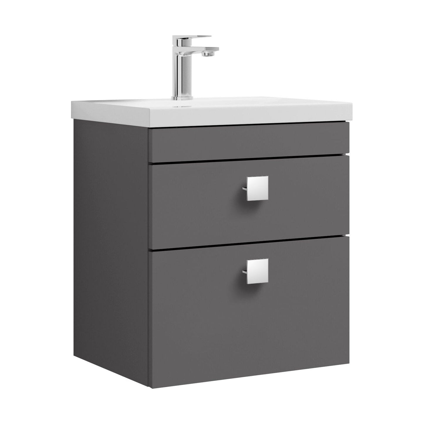 [BFRI074A7] Rio 2 Drawer Wall Hung Vanity Basin Unit - 500mm - Gloss Grey with Chrome Square Handles (Tap Not Included) - Cutout