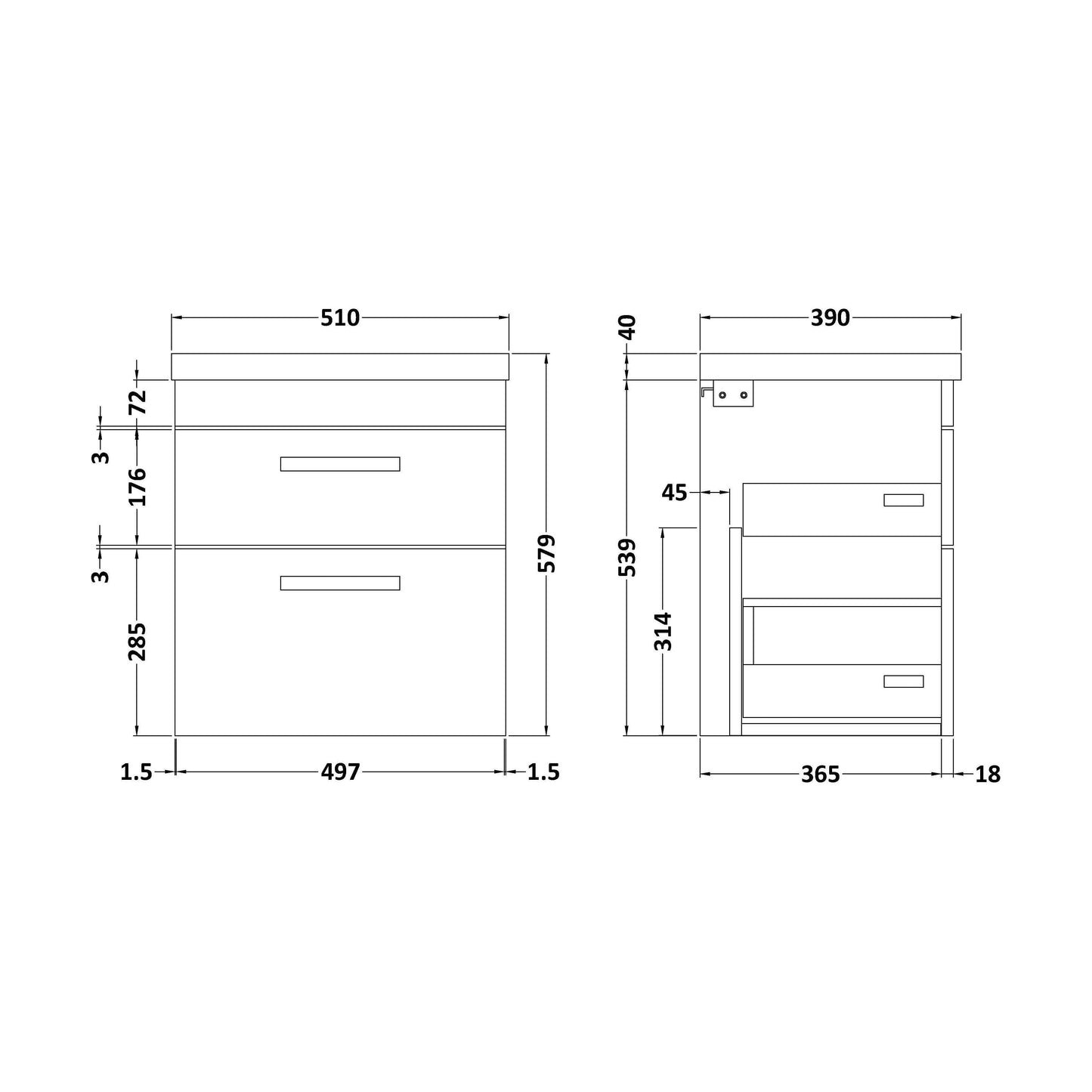 [BFRI074A7] Rio 2 Drawer Wall Hung Vanity Basin Unit - 500mm - Gloss Grey with Chrome Square Handles (Tap Not Included) - Technical Drawing