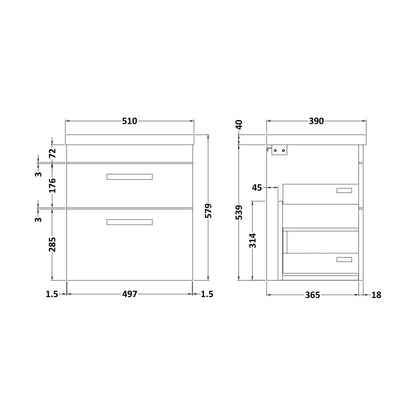 [BFRI074A7] Rio 2 Drawer Wall Hung Vanity Basin Unit - 500mm - Gloss Grey with Chrome Square Handles (Tap Not Included) - Technical Drawing