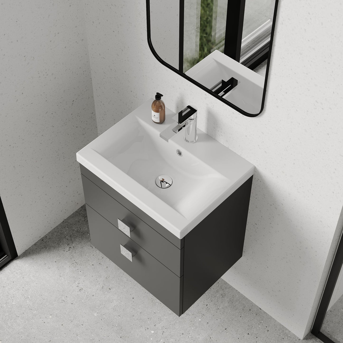 [BFRI074A7] Rio 2 Drawer Wall Hung Vanity Basin Unit - 500mm - Gloss Grey with Chrome Square Handles (Tap Not Included) - Lifestyle 2