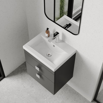 [BFRI074A7] Rio 2 Drawer Wall Hung Vanity Basin Unit - 500mm - Gloss Grey with Chrome Square Handles (Tap Not Included) - Lifestyle 2