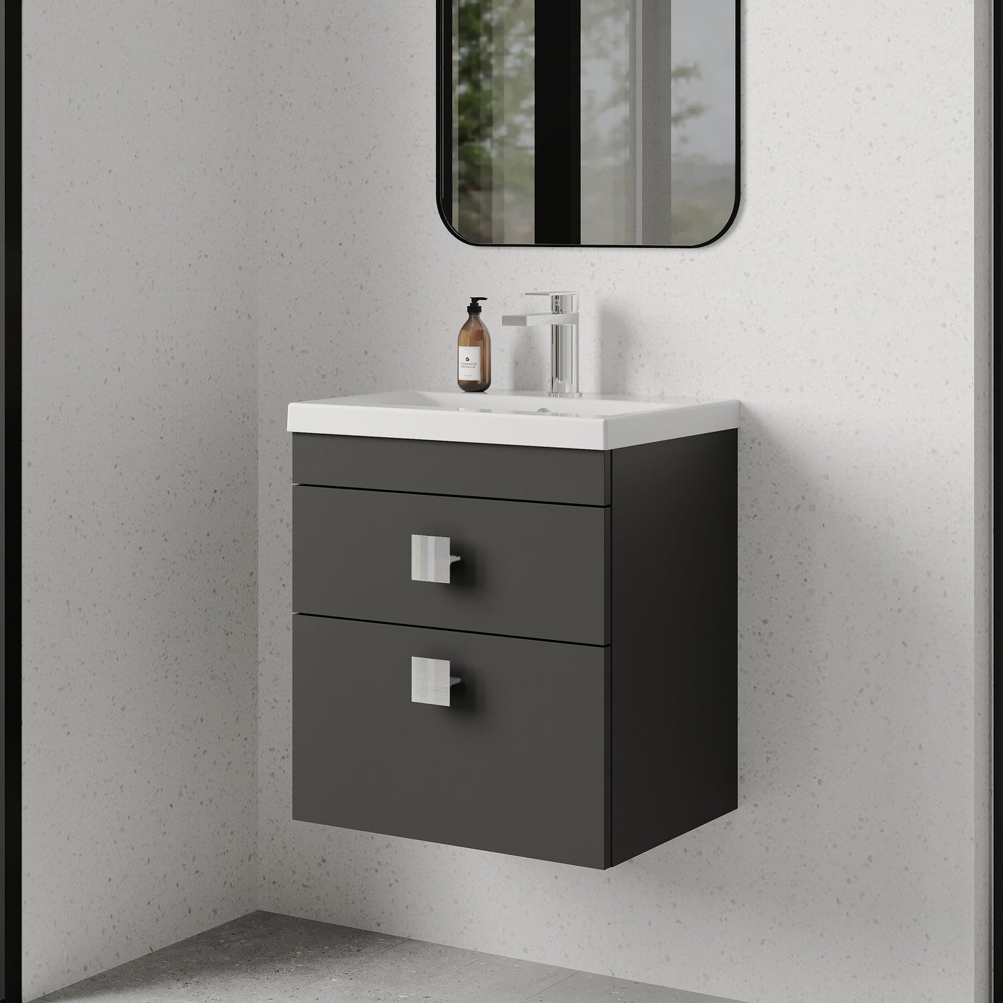 [BFRI074A7] Rio 2 Drawer Wall Hung Vanity Basin Unit - 500mm - Gloss Grey with Chrome Square Handles (Tap Not Included) - Lifestyle 3