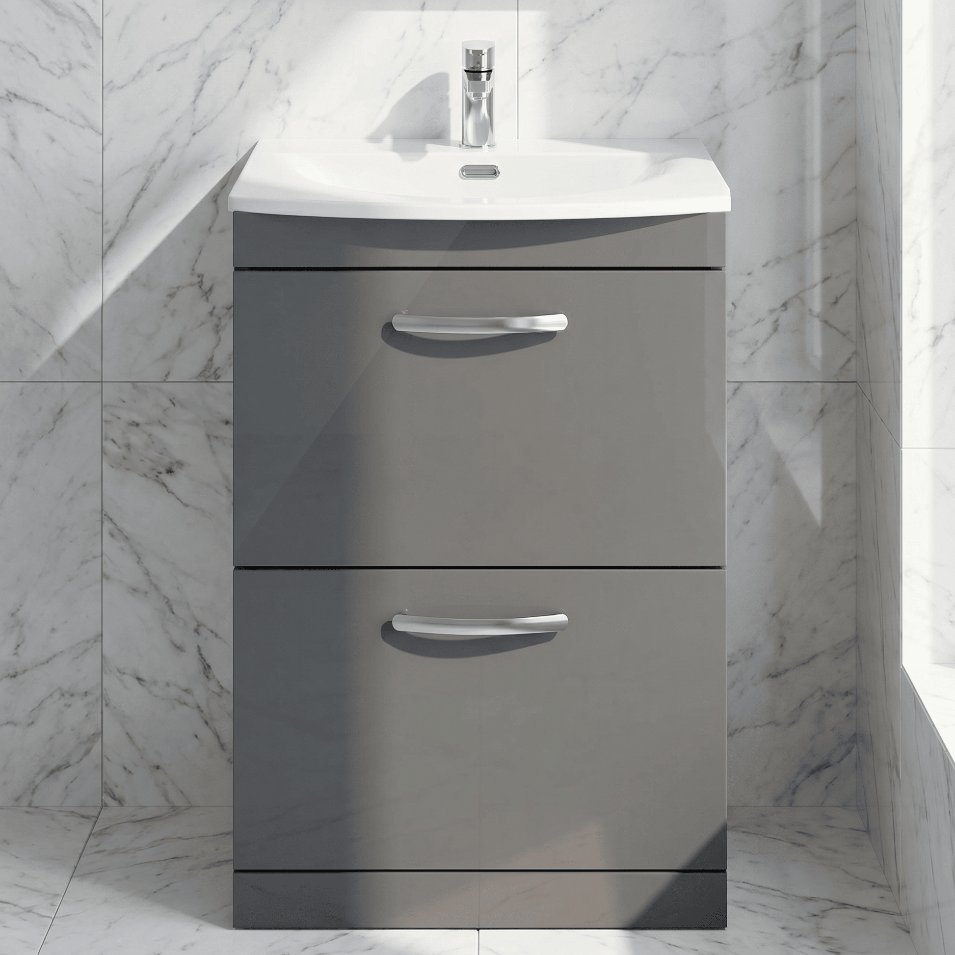 [BFRI076G] Millwich Contemporary 2 Drawer Floor Standing Vanity Unit with Curved Basin - Choice of Size and Colour - Silo