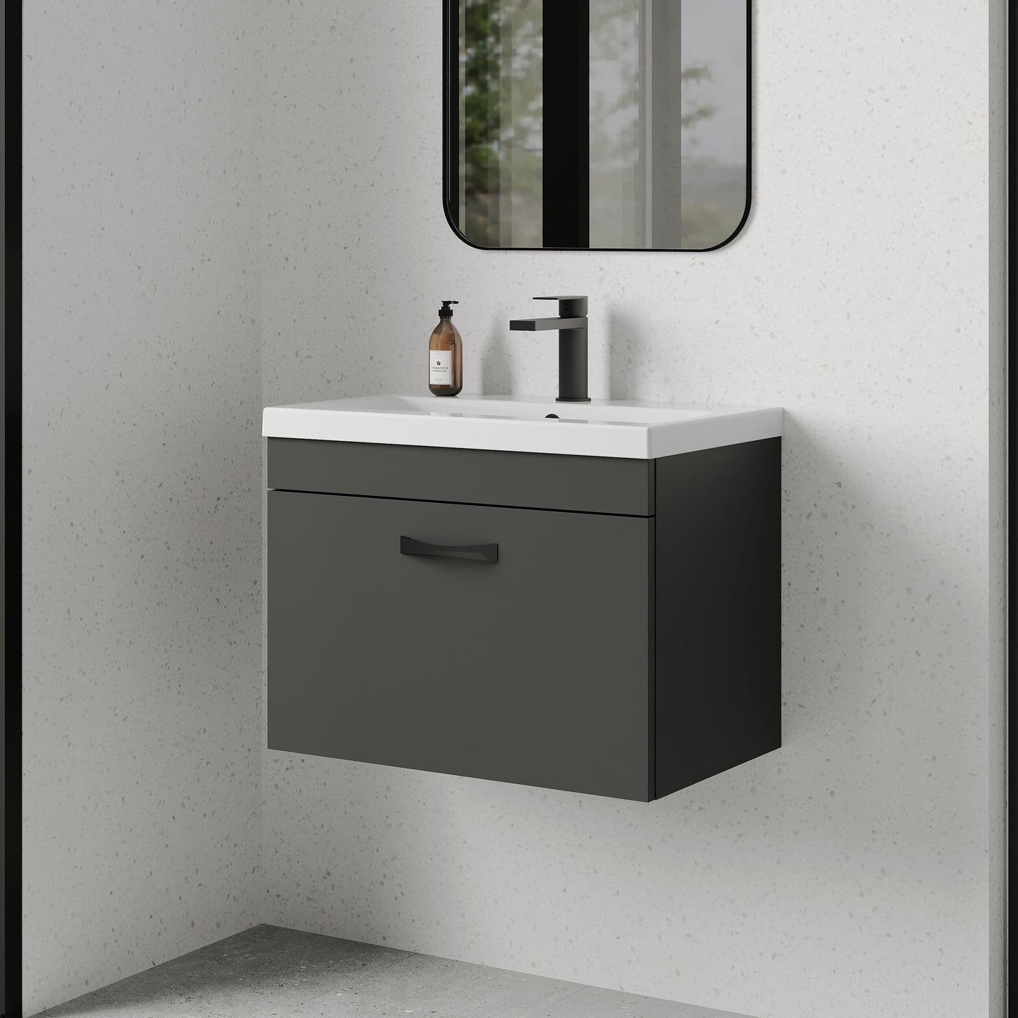 [BFRI077A17] Rio 1 Drawer Wall Hung Vanity Basin Unit - 600mm - Gloss Grey with Black D-shaped handle (Tap Not Included) - Balterley - Lifestyle 3