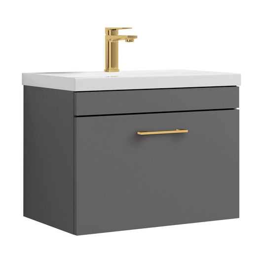 [BFRI077A68] Rio 1 Drawer Wall Hung Vanity Basin Unit - 600mm - Gloss Grey with Brushed Brass D-shaped handle (Tap Not Included) - Cutout