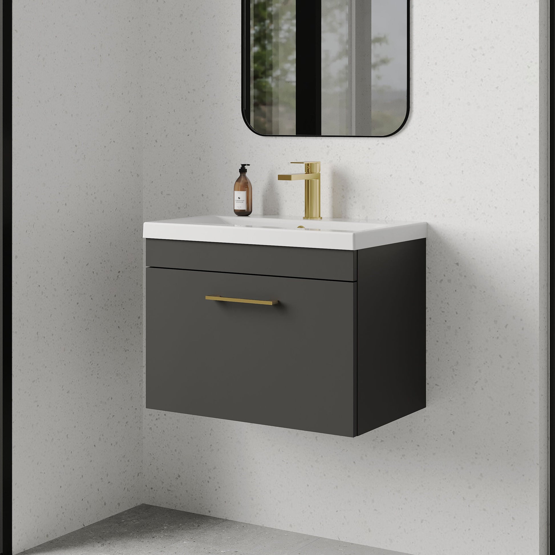 [BFRI077A68] Rio 1 Drawer Wall Hung Vanity Basin Unit - 600mm - Gloss Grey with Brushed Brass D-shaped handle (Tap Not Included) - Lifestyle 3
