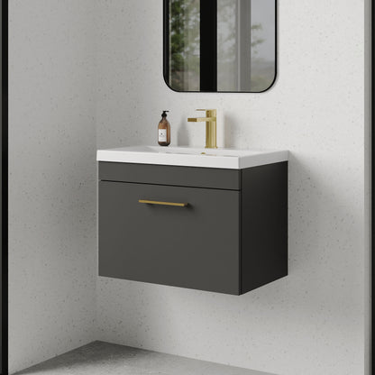 [BFRI077A68] Rio 1 Drawer Wall Hung Vanity Basin Unit - 600mm - Gloss Grey with Brushed Brass D-shaped handle (Tap Not Included) - Lifestyle 3