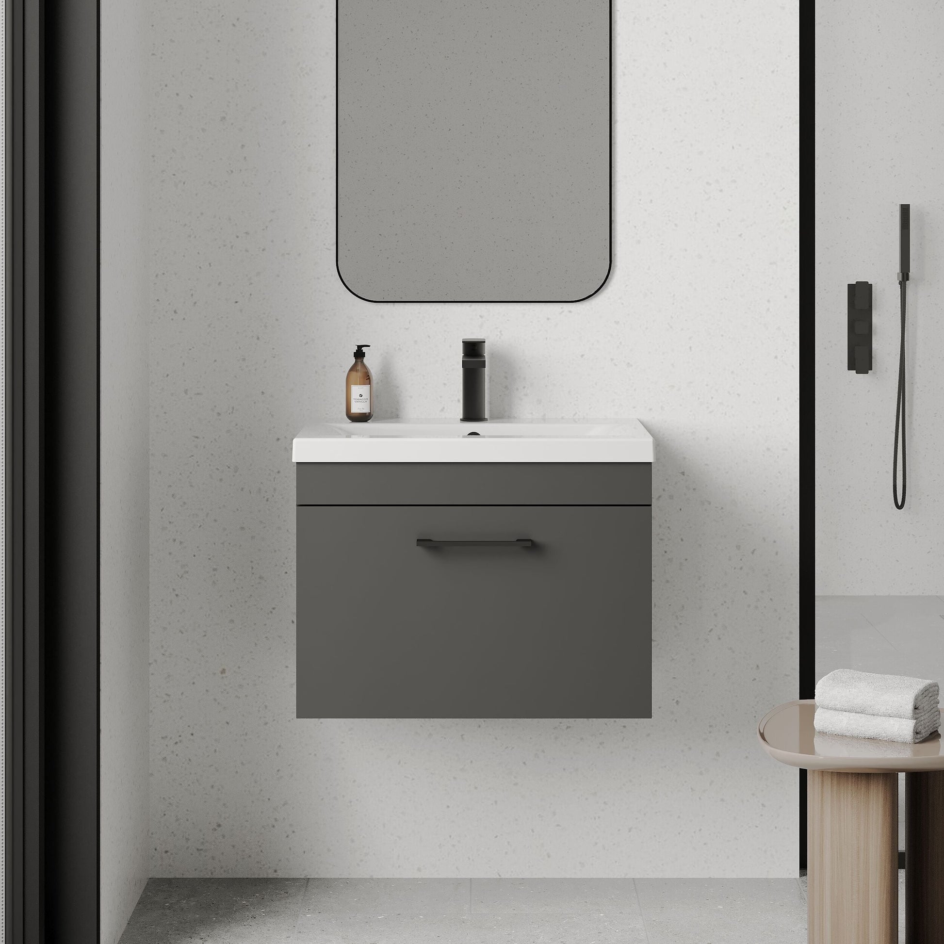 [BFRI077A69] Rio 1 Drawer Wall Hung Vanity Basin Unit - 600mm - Gloss Grey with Square Black D-shaped handle (Tap Not Included) - Balterley - Lifestyle 1