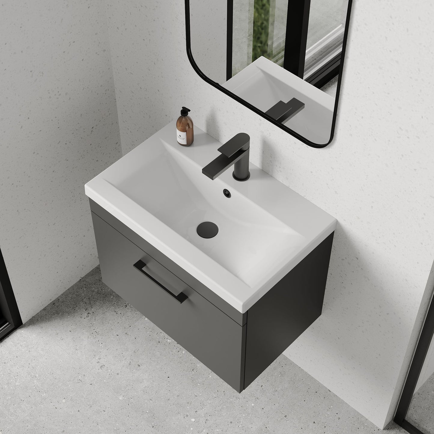 [BFRI077A69] Rio 1 Drawer Wall Hung Vanity Basin Unit - 600mm - Gloss Grey with Square Black D-shaped handle (Tap Not Included) - Balterley - Lifestyle 2