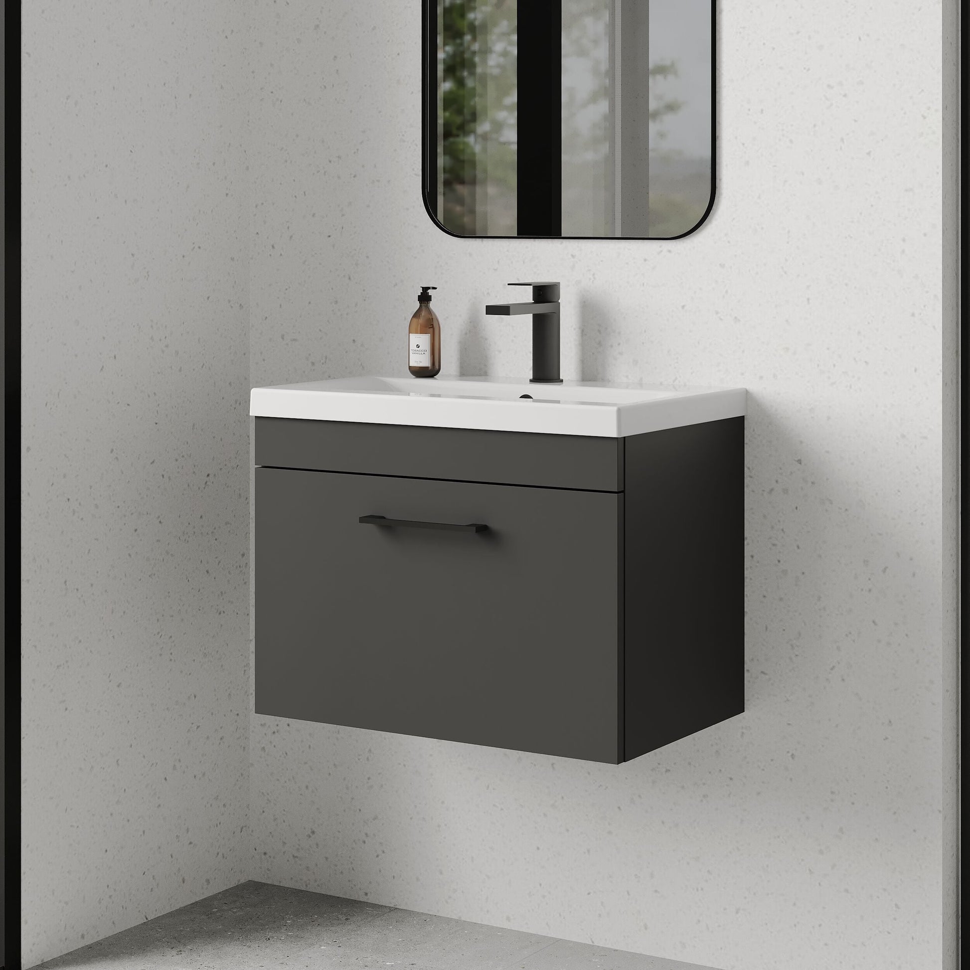 [BFRI077A69] Rio 1 Drawer Wall Hung Vanity Basin Unit - 600mm - Gloss Grey with Square Black D-shaped handle (Tap Not Included) - Balterley - Lifestyle 3