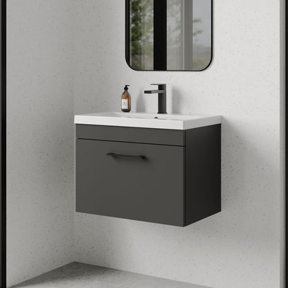 [BFRI077A69] Rio 1 Drawer Wall Hung Vanity Basin Unit - 600mm - Gloss Grey with Square Black D-shaped handle (Tap Not Included) - Balterley - Lifestyle 3
