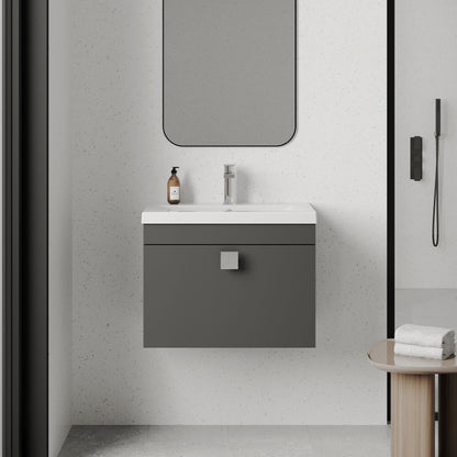[BFRI077A7] Rio 1 Drawer Wall Hung Vanity Basin Unit - 600mm - Gloss Grey with Chrome Square Handle (Tap Not Included) - Lifestyle 1