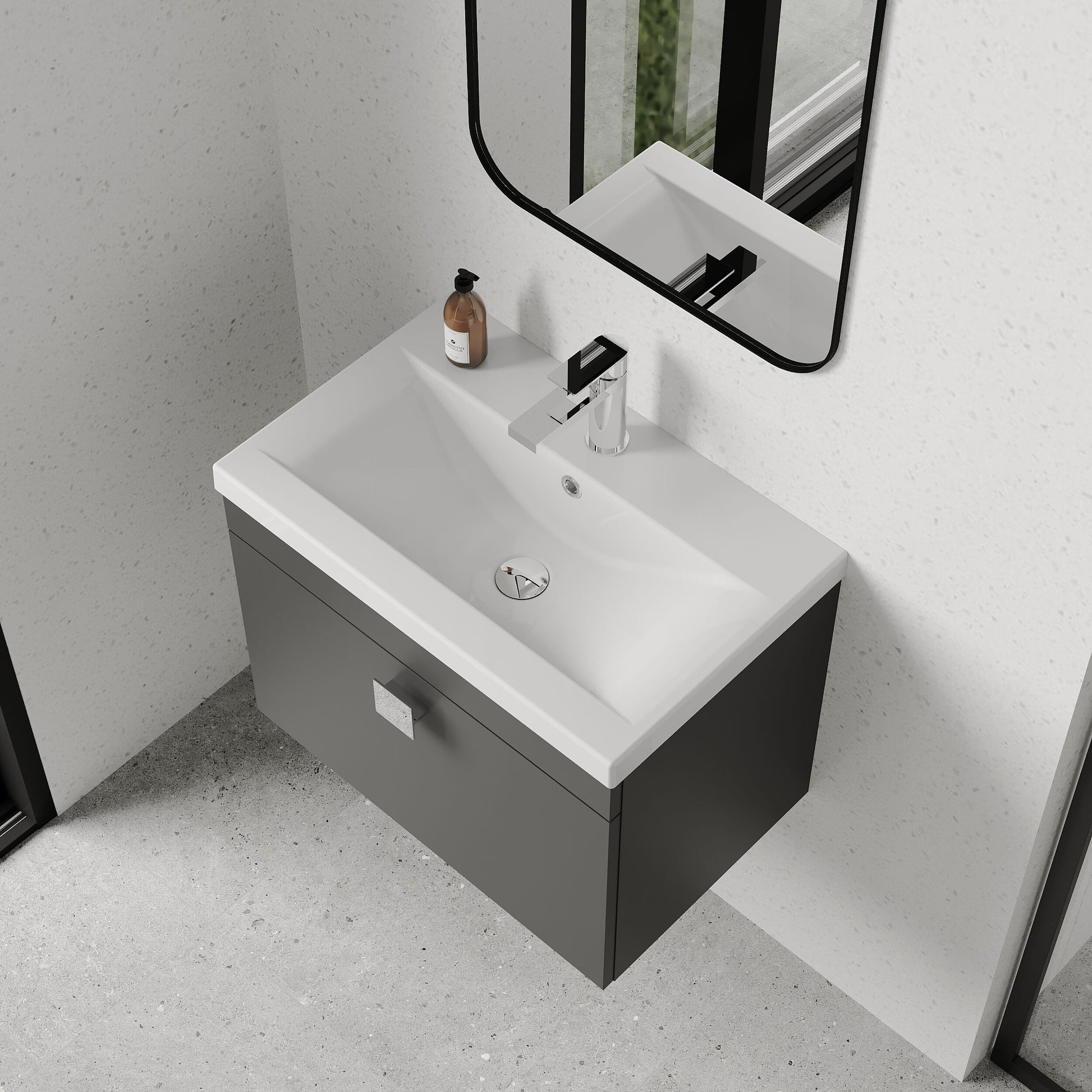 [BFRI077A7] Rio 1 Drawer Wall Hung Vanity Basin Unit - 600mm - Gloss Grey with Chrome Square Handle (Tap Not Included) - Lifestyle 2