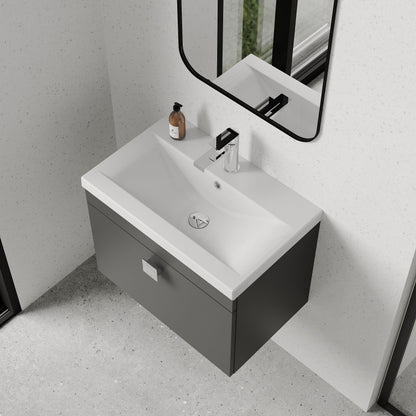 [BFRI077A7] Rio 1 Drawer Wall Hung Vanity Basin Unit - 600mm - Gloss Grey with Chrome Square Handle (Tap Not Included) - Lifestyle 2