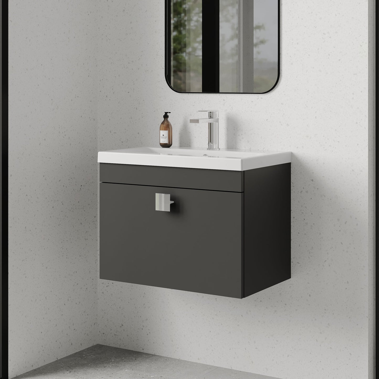 [BFRI077A7] Rio 1 Drawer Wall Hung Vanity Basin Unit - 600mm - Gloss Grey with Chrome Square Handle (Tap Not Included) - Lifestyle 3