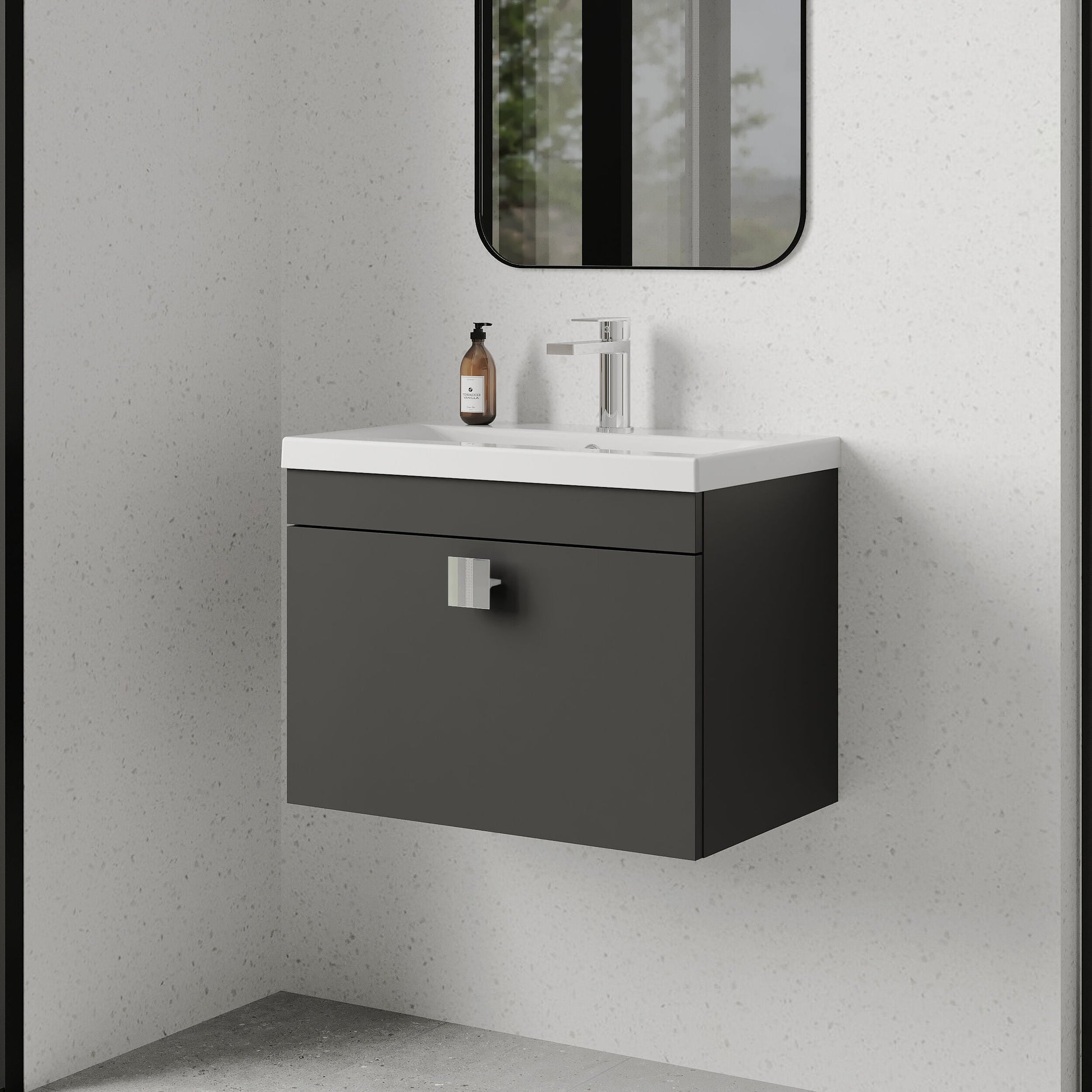 [BFRI077A7] Rio 1 Drawer Wall Hung Vanity Basin Unit - 600mm - Gloss Grey with Chrome Square Handle (Tap Not Included) - Lifestyle 3