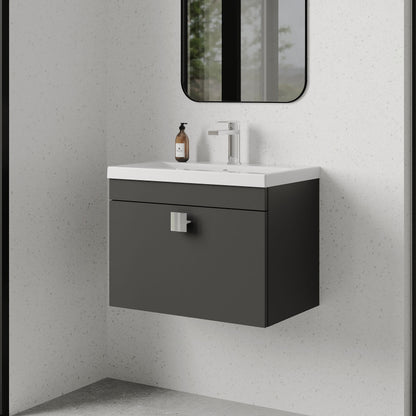 [BFRI077A7] Rio 1 Drawer Wall Hung Vanity Basin Unit - 600mm - Gloss Grey with Chrome Square Handle (Tap Not Included) - Lifestyle 3