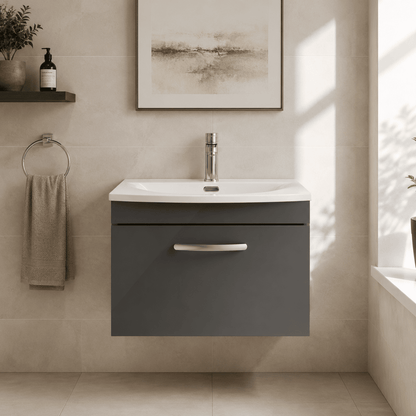 [BFRI077G] Millwich Contemporary 1 Drawer Wall Hung Vanity Unit with Curved Basin - Choice of Size and Colour - Silo