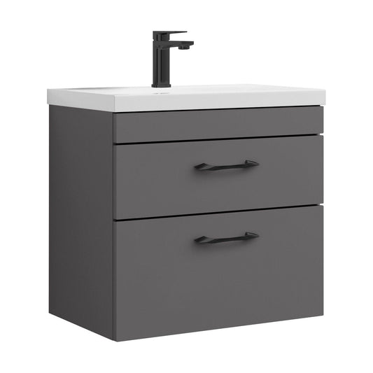 [BFRI078A17] Rio 2 Drawer Wall Hung Vanity Basin Unit - 600mm - Gloss Grey with Black D-shaped handles (Tap Not Included) - Balterley - Cutout