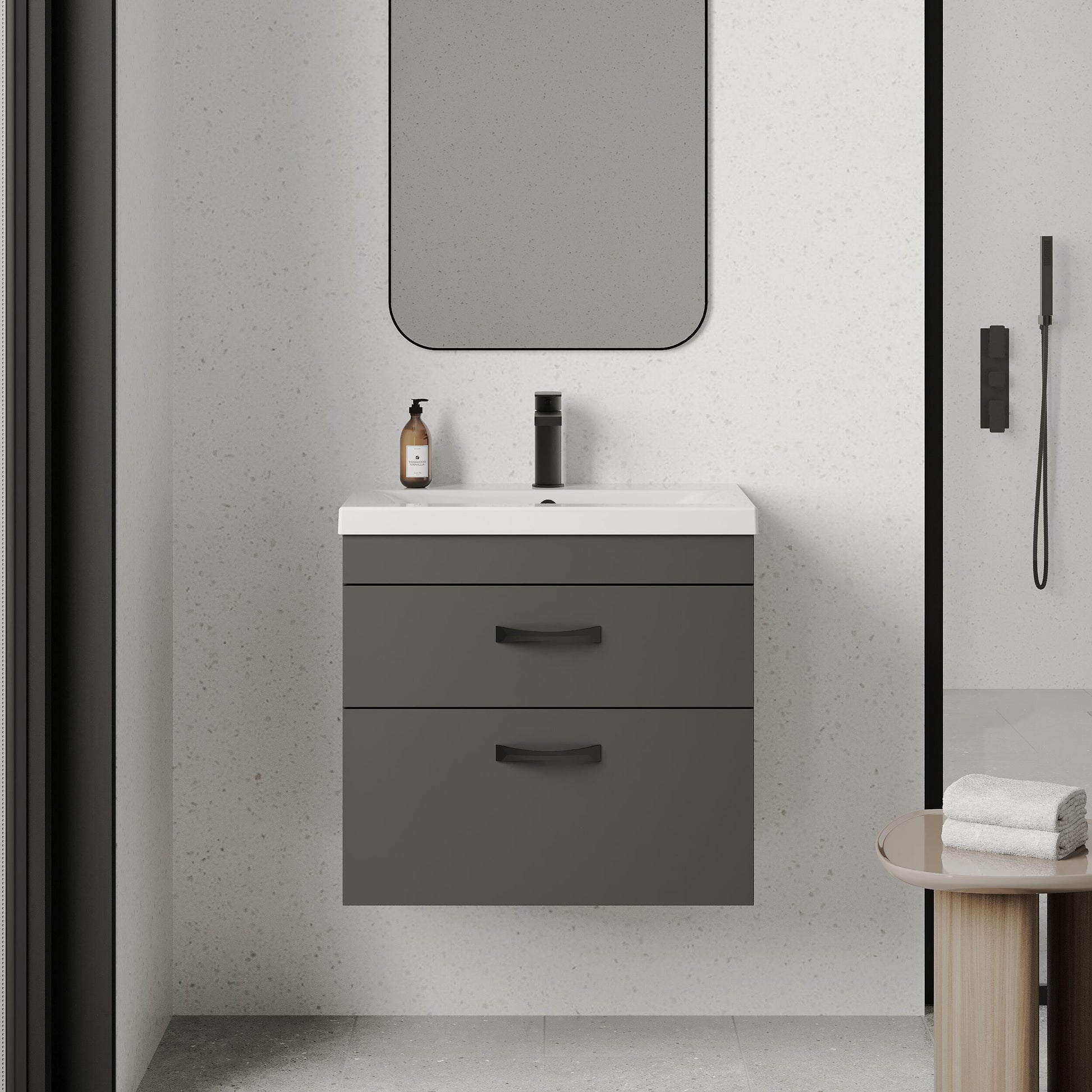 [BFRI078A17] Rio 2 Drawer Wall Hung Vanity Basin Unit - 600mm - Gloss Grey with Black D-shaped handles (Tap Not Included) - Balterley - Lifestyle 1