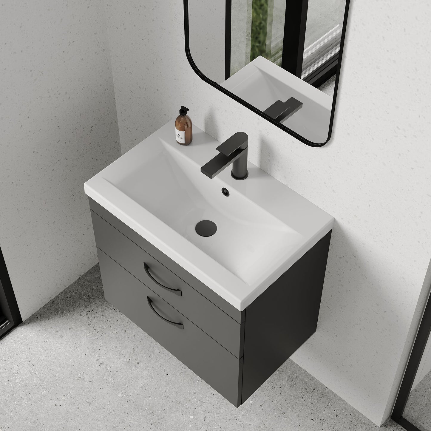 [BFRI078A17] Rio 2 Drawer Wall Hung Vanity Basin Unit - 600mm - Gloss Grey with Black D-shaped handles (Tap Not Included) - Balterley - Lifestyle 2