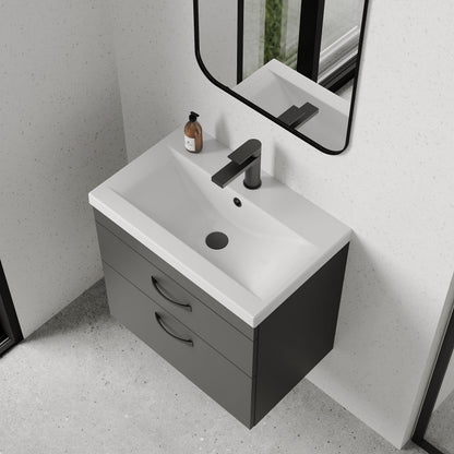 [BFRI078A17] Rio 2 Drawer Wall Hung Vanity Basin Unit - 600mm - Gloss Grey with Black D-shaped handles (Tap Not Included) - Balterley - Lifestyle 2