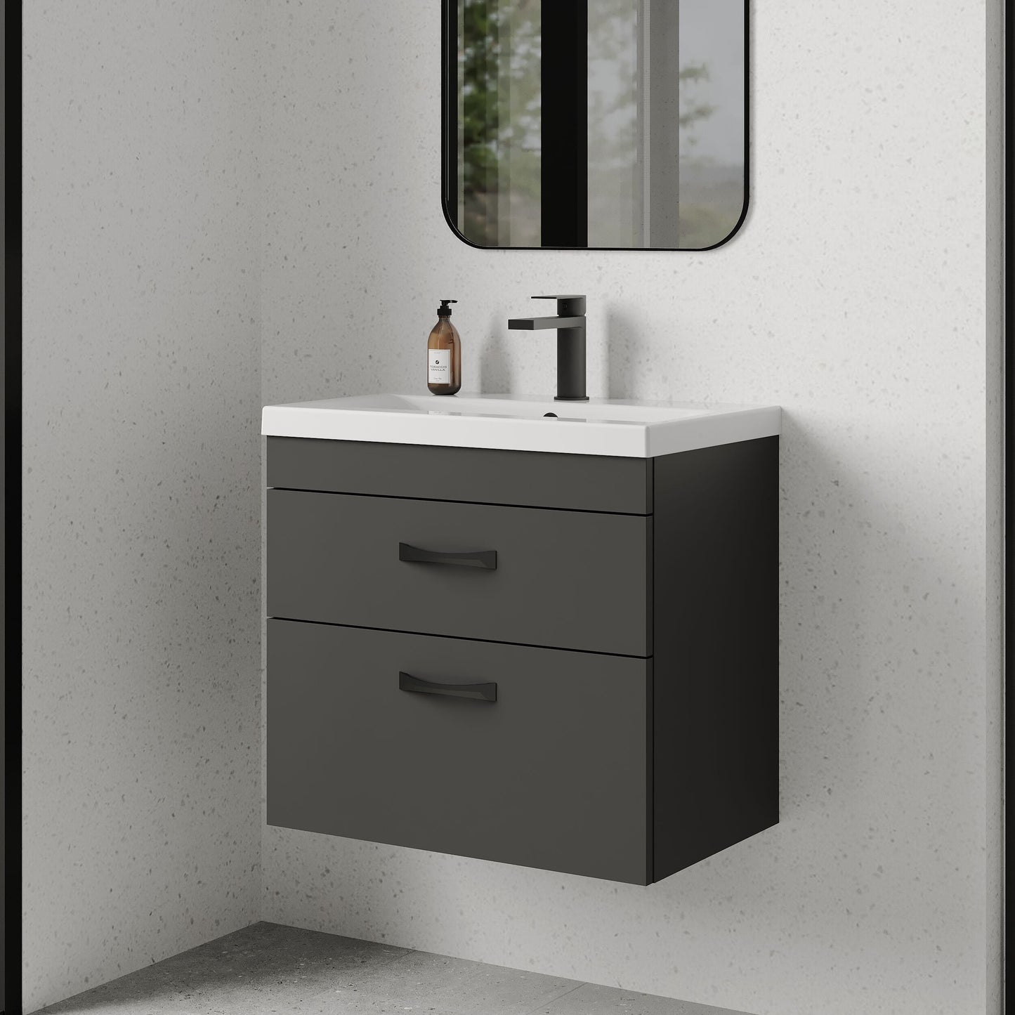 [BFRI078A17] Rio 2 Drawer Wall Hung Vanity Basin Unit - 600mm - Gloss Grey with Black D-shaped handles (Tap Not Included) - Balterley - Lifestyle 3
