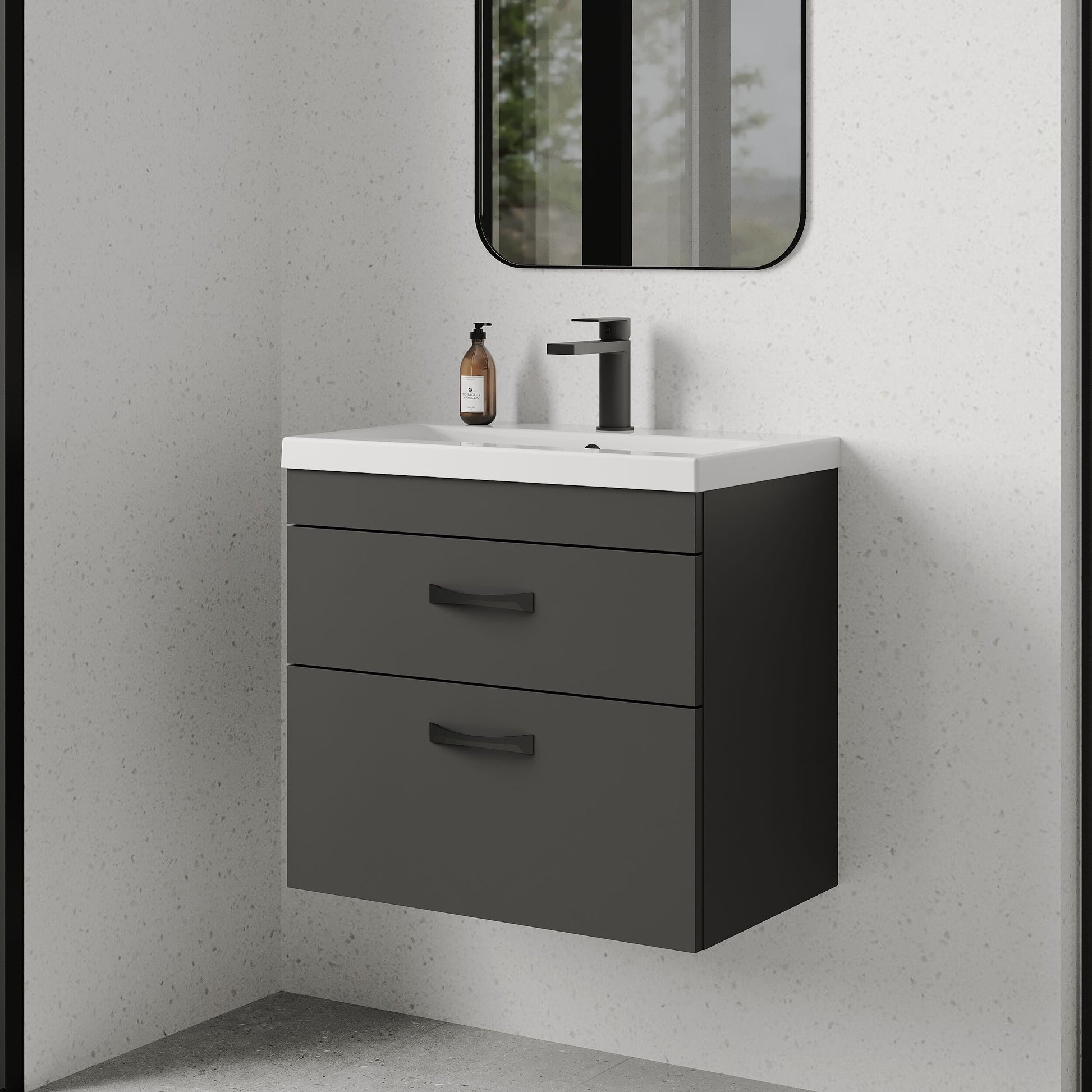 [BFRI078A17] Rio 2 Drawer Wall Hung Vanity Basin Unit - 600mm - Gloss Grey with Black D-shaped handles (Tap Not Included) - Balterley - Lifestyle 3