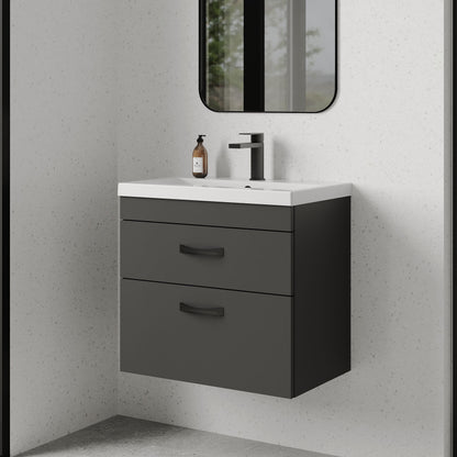 [BFRI078A17] Rio 2 Drawer Wall Hung Vanity Basin Unit - 600mm - Gloss Grey with Black D-shaped handles (Tap Not Included) - Balterley - Lifestyle 3