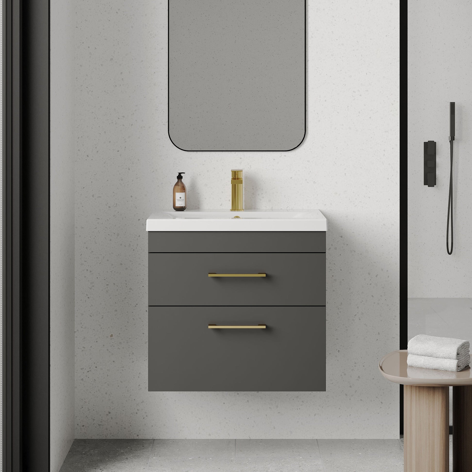 [BFRI078A68] Rio 2 Drawer Wall Hung Vanity Basin Unit - 600mm - Gloss Grey with Brushed Brass D-shaped handles (Tap Not Included) - Lifestyle 1