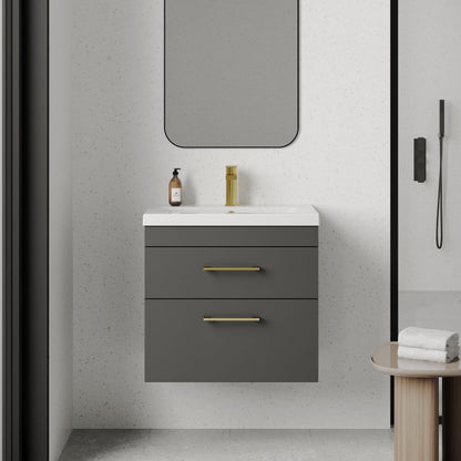 [BFRI078A68] Rio 2 Drawer Wall Hung Vanity Basin Unit - 600mm - Gloss Grey with Brushed Brass D-shaped handles (Tap Not Included) - Lifestyle 1
