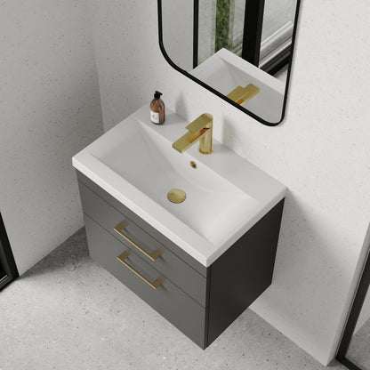 [BFRI078A68] Rio 2 Drawer Wall Hung Vanity Basin Unit - 600mm - Gloss Grey with Brushed Brass D-shaped handles (Tap Not Included) - Lifestyle 2