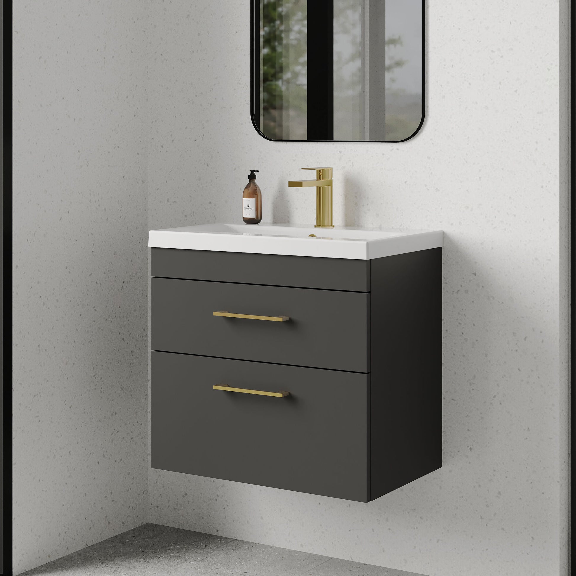 [BFRI078A68] Rio 2 Drawer Wall Hung Vanity Basin Unit - 600mm - Gloss Grey with Brushed Brass D-shaped handles (Tap Not Included) - Lifestyle 3