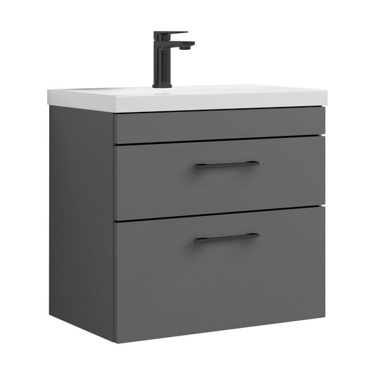 [BFRI078A69] Rio 2 Drawer Wall Hung Vanity Basin Unit - 600mm - Gloss Grey with Square Black D-shaped handles (Tap Not Included) - Balterley - Cutout
