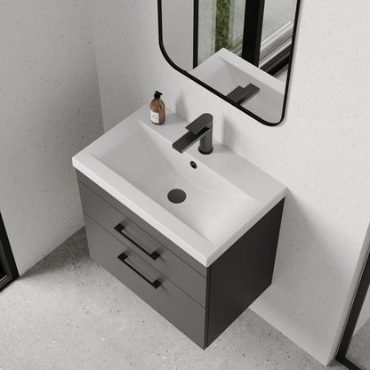 [BFRI078A69] Rio 2 Drawer Wall Hung Vanity Basin Unit - 600mm - Gloss Grey with Square Black D-shaped handles (Tap Not Included) - Balterley - Lifestyle 2