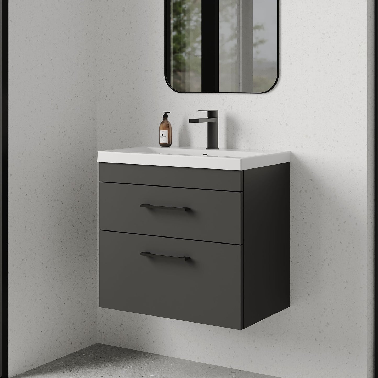 [BFRI078A69] Rio 2 Drawer Wall Hung Vanity Basin Unit - 600mm - Gloss Grey with Square Black D-shaped handles (Tap Not Included) - Balterley - Lifestyle 3
