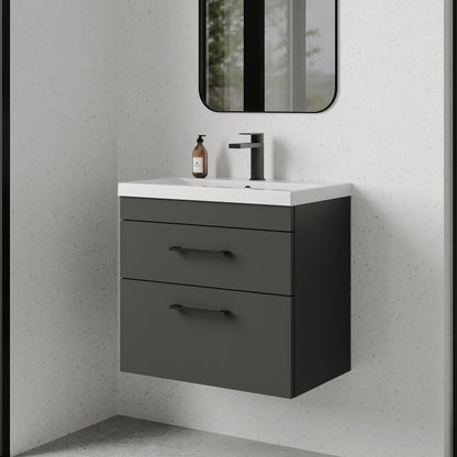 [BFRI078A69] Rio 2 Drawer Wall Hung Vanity Basin Unit - 600mm - Gloss Grey with Square Black D-shaped handles (Tap Not Included) - Balterley - Lifestyle 3