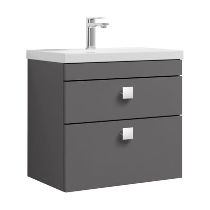 [BFRI078A7] Rio 2 Drawer Wall Hung Vanity Basin Unit - 600mm - Gloss Grey with Chrome Square Handles (Tap Not Included) - Cutout