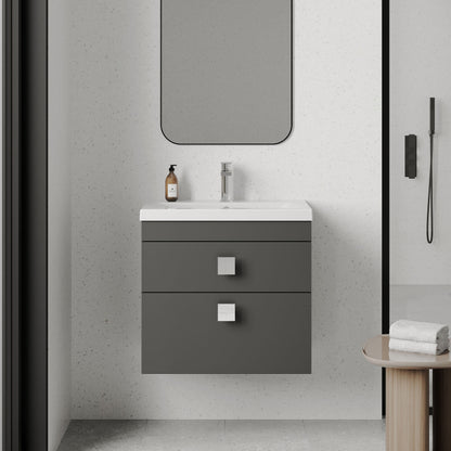 [BFRI078A7] Rio 2 Drawer Wall Hung Vanity Basin Unit - 600mm - Gloss Grey with Chrome Square Handles (Tap Not Included) - Lifestyle 1