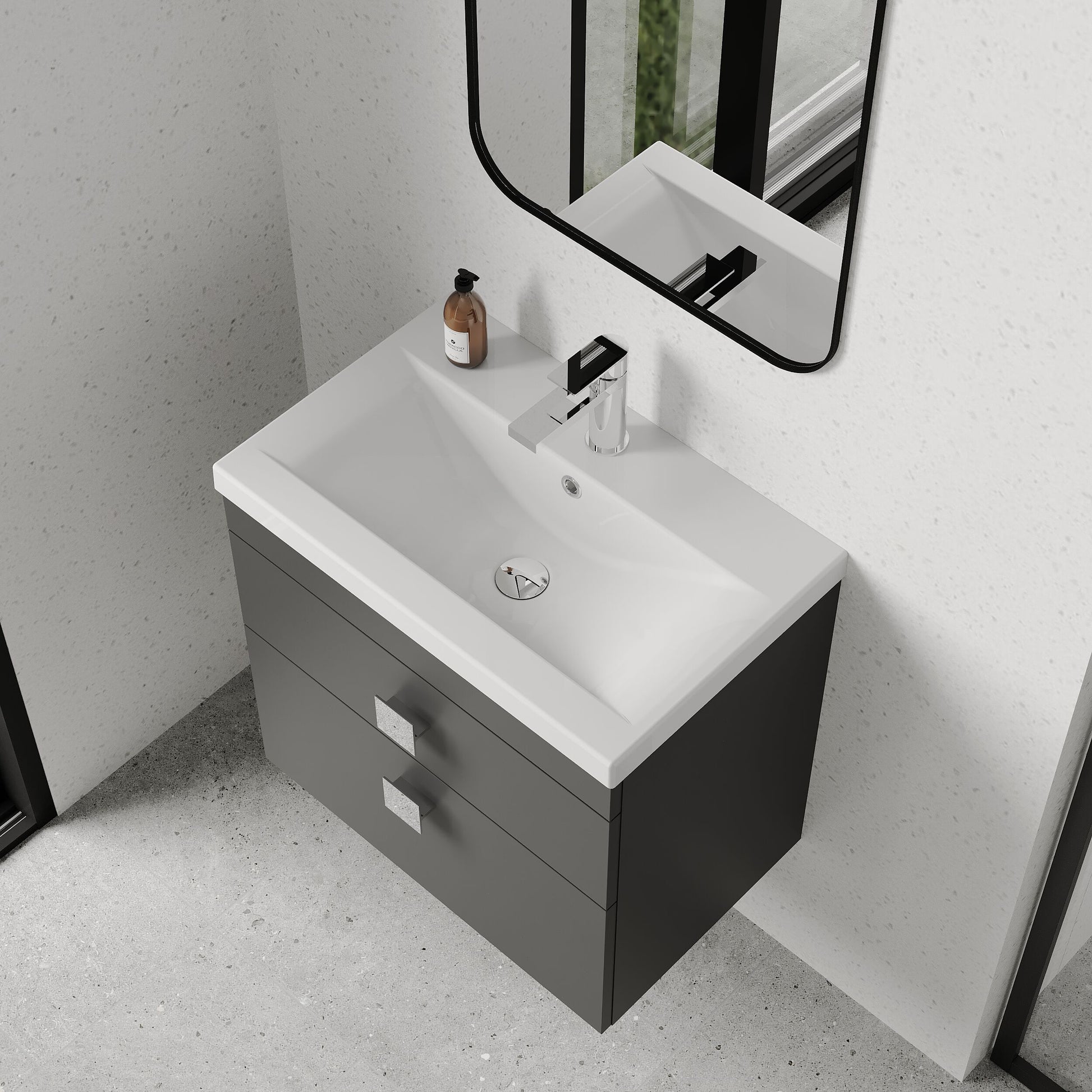 [BFRI078A7] Rio 2 Drawer Wall Hung Vanity Basin Unit - 600mm - Gloss Grey with Chrome Square Handles (Tap Not Included) - Lifestyle 2
