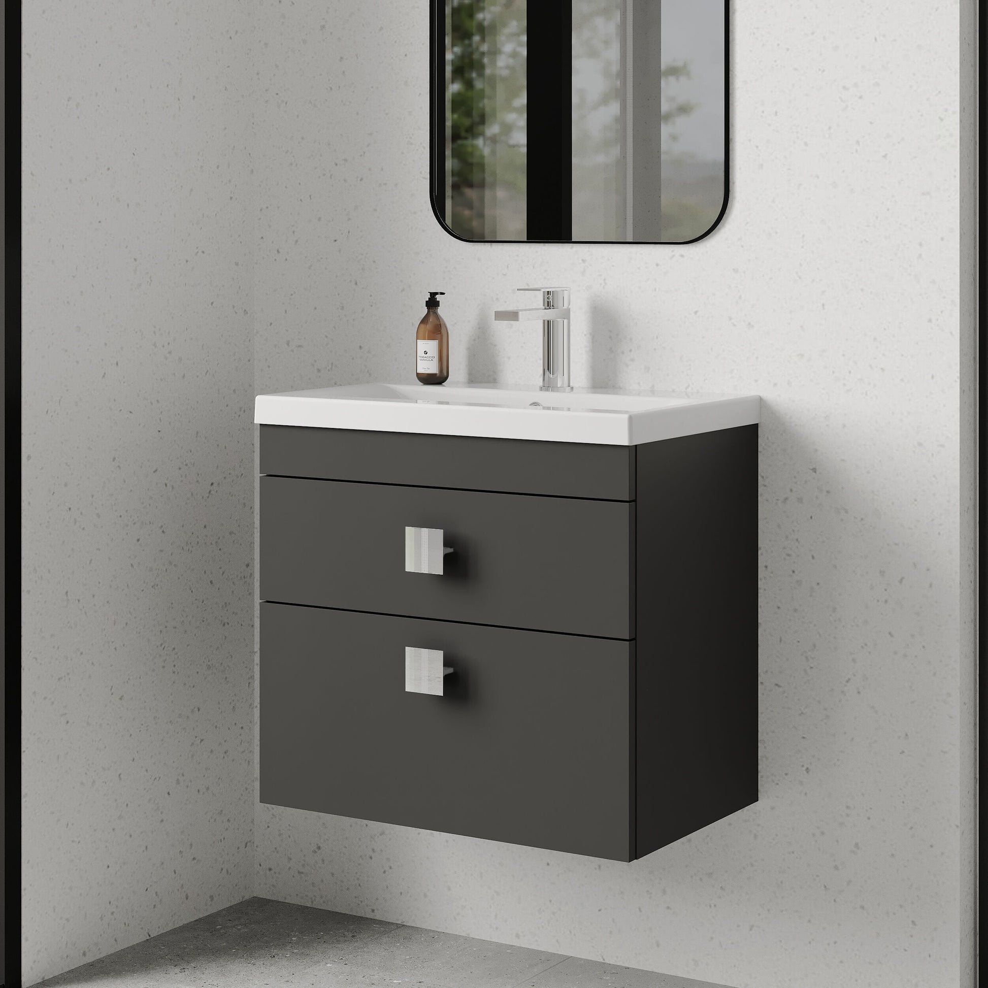 [BFRI078A7] Rio 2 Drawer Wall Hung Vanity Basin Unit - 600mm - Gloss Grey with Chrome Square Handles (Tap Not Included) - Lifestyle 3